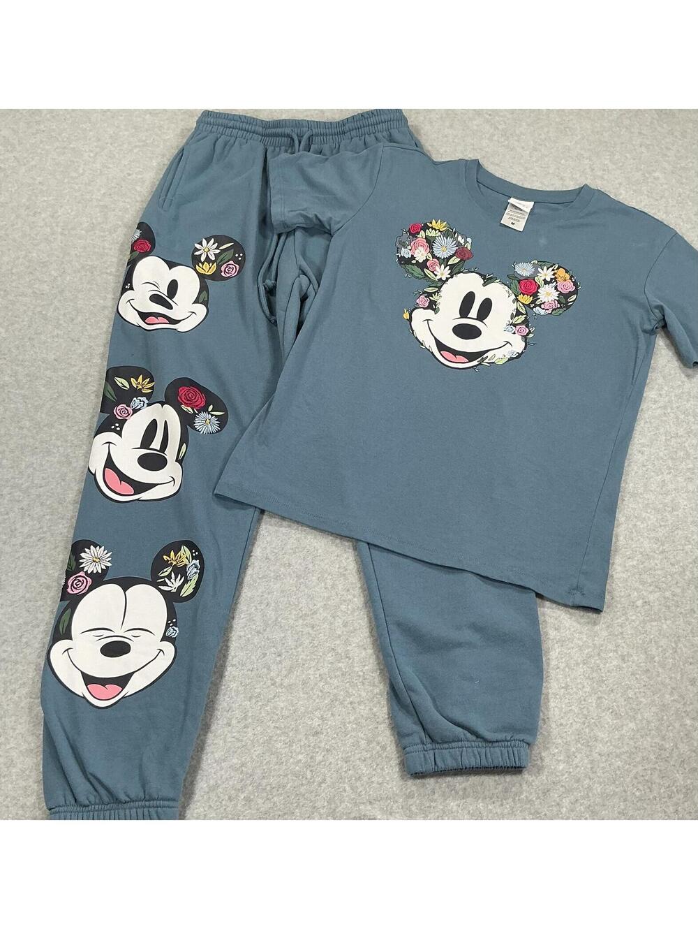 Disney Mickey Mouse‎ Embroidered Floral Lounge Set Tee & Joggers M/S adult